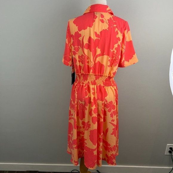NWT HALOGEN X ATLANTIC-PACIFIC Orange Pink Floral‎ Smocked Utility Dress Coral - Picture 7 of 10